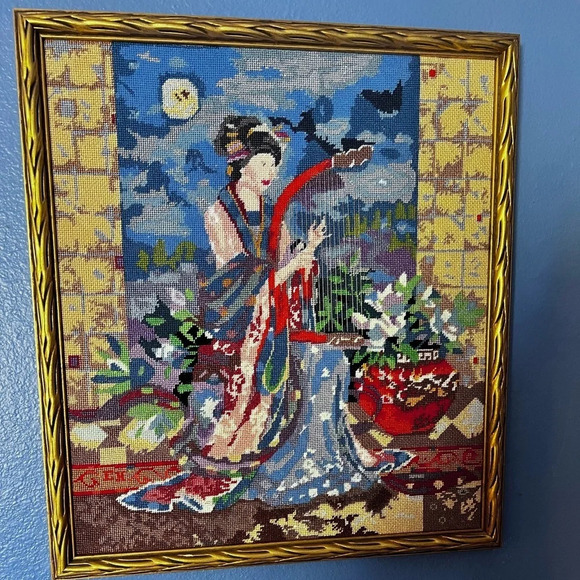 GEISHA playing the harp needlepoint.Bright colors.Beautiful work.